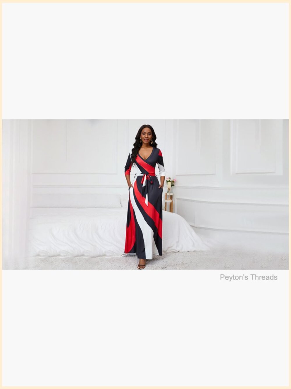 Women's V-Neck 3/4 Sleeve Maxi Dress with Tie Waist - Casual Flowy Silhouette - Picture 7 of 7